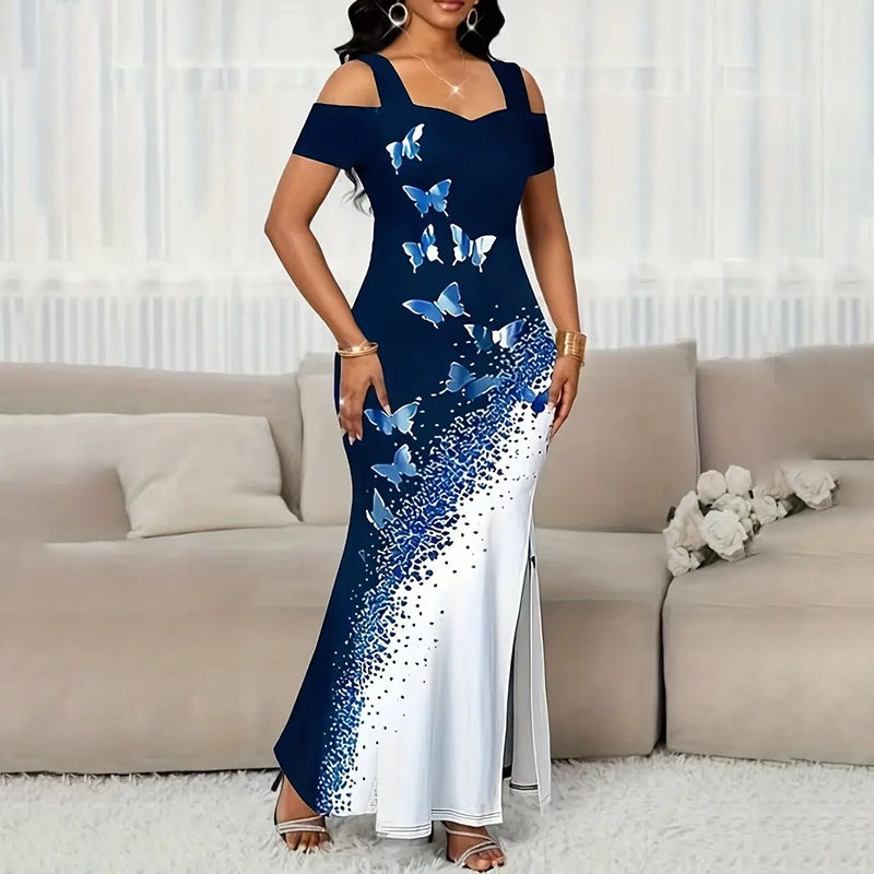 Block Butterfly Print Maxi Dress, Off-Shoulder Bodycon Gown With High Slit For Spring And Summer Parties