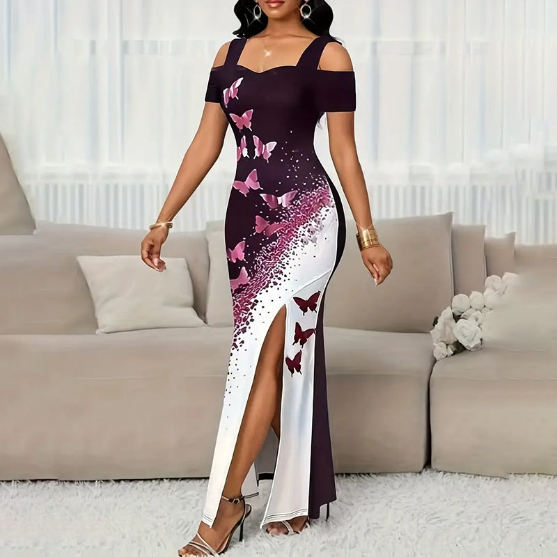 Block Butterfly Print Maxi Dress, Off-Shoulder Bodycon Gown With High Slit For Spring And Summer Parties