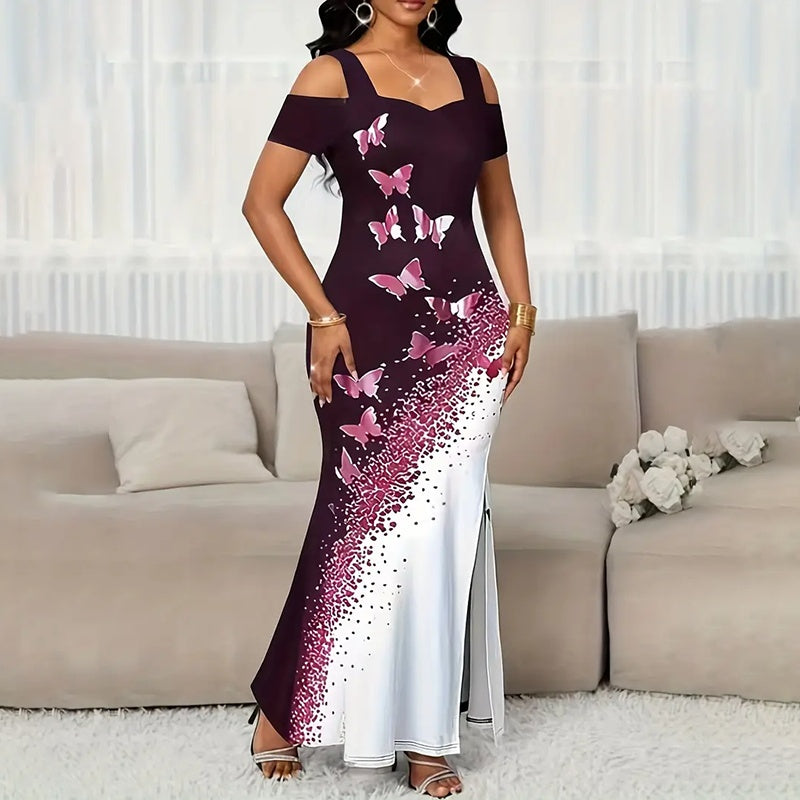 Block Butterfly Print Maxi Dress, Off-Shoulder Bodycon Gown With High Slit For Spring And Summer Parties