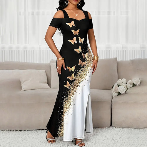 Block Butterfly Print Maxi Dress, Off-Shoulder Bodycon Gown With High Slit For Spring And Summer Parties