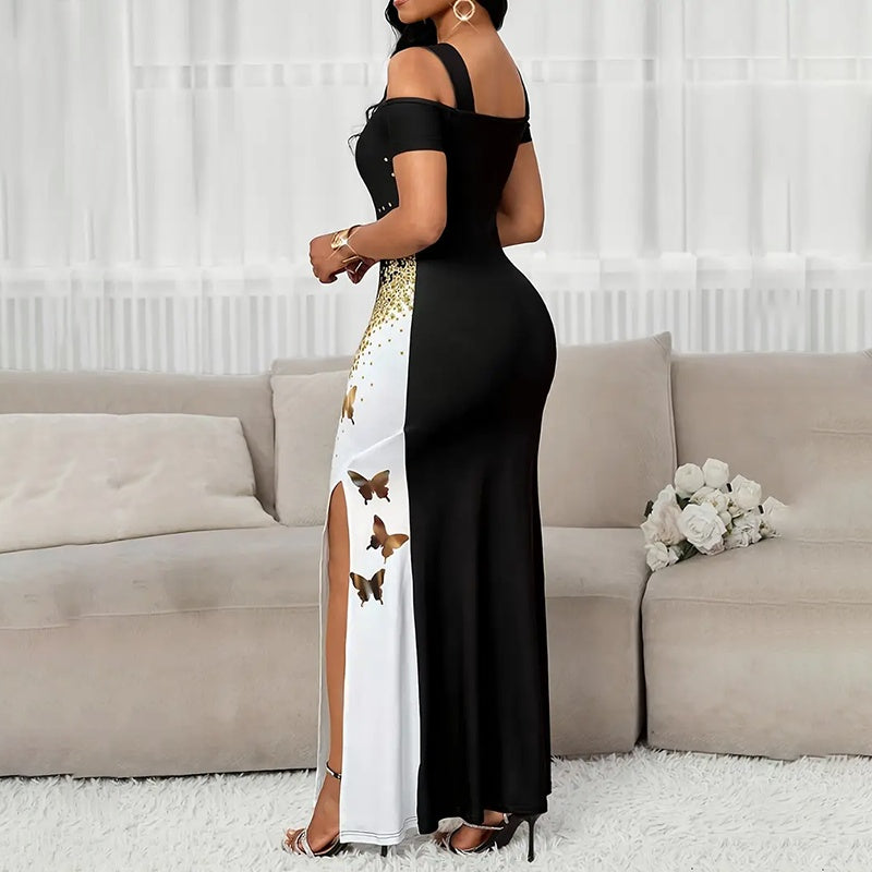 Block Butterfly Print Maxi Dress, Off-Shoulder Bodycon Gown With High Slit For Spring And Summer Parties
