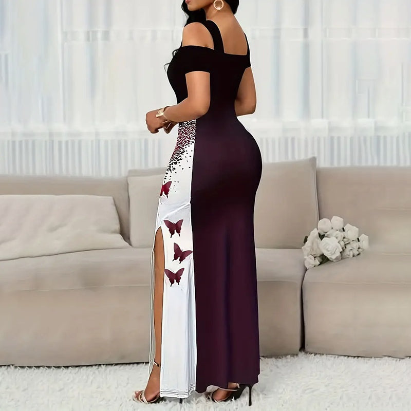Block Butterfly Print Maxi Dress, Off-Shoulder Bodycon Gown With High Slit For Spring And Summer Parties
